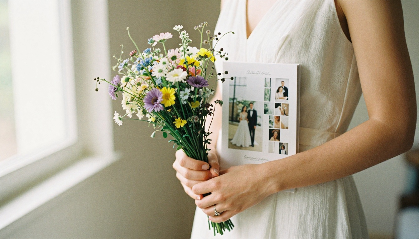 A bride's hands holding wildflowers and a sample album