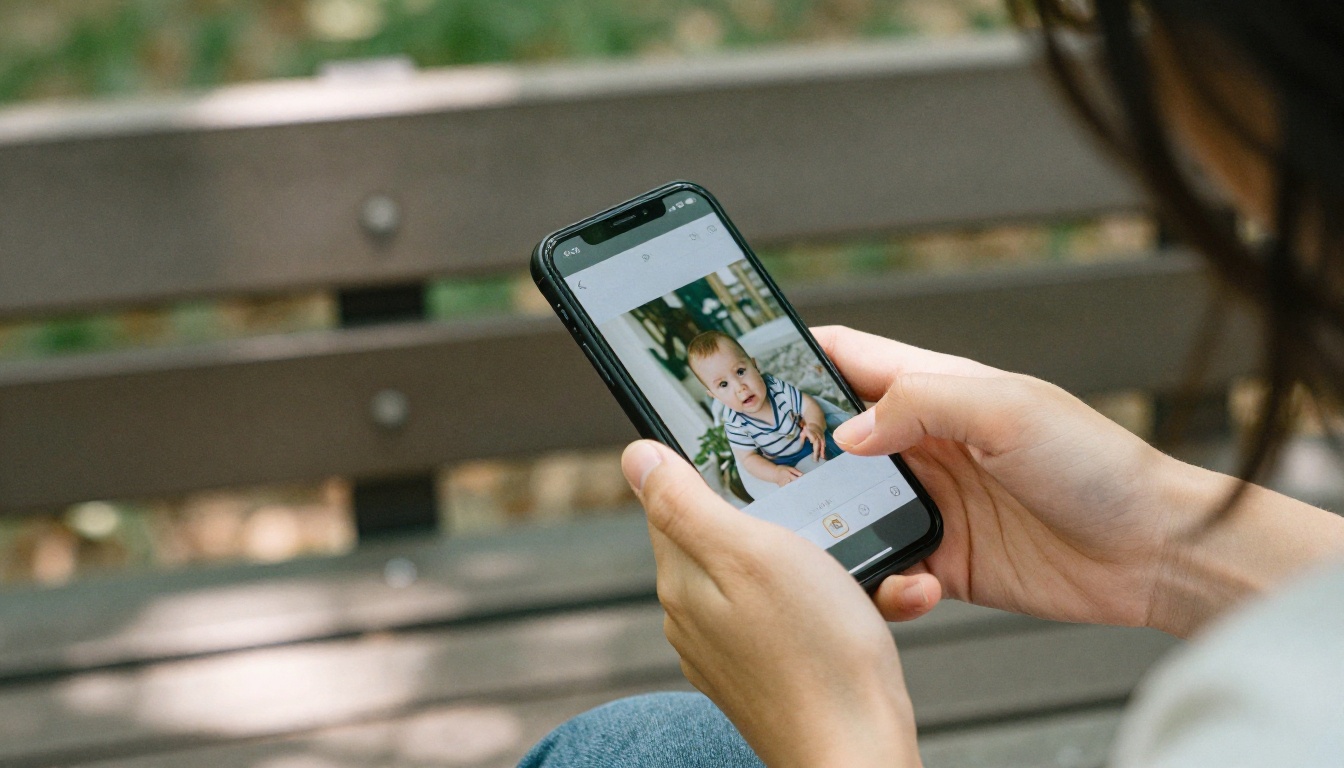 Mother on a park bench showing a baby photo album on her phone to a friend Mother on a park bench showing a baby photo album on her phone to a friend