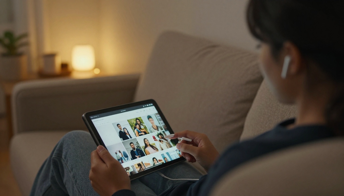 Couple sharing earbuds while viewing an anniversary photo album on a tablet at dusk Couple sharing earbuds while viewing an anniversary photo album on a tablet at dusk