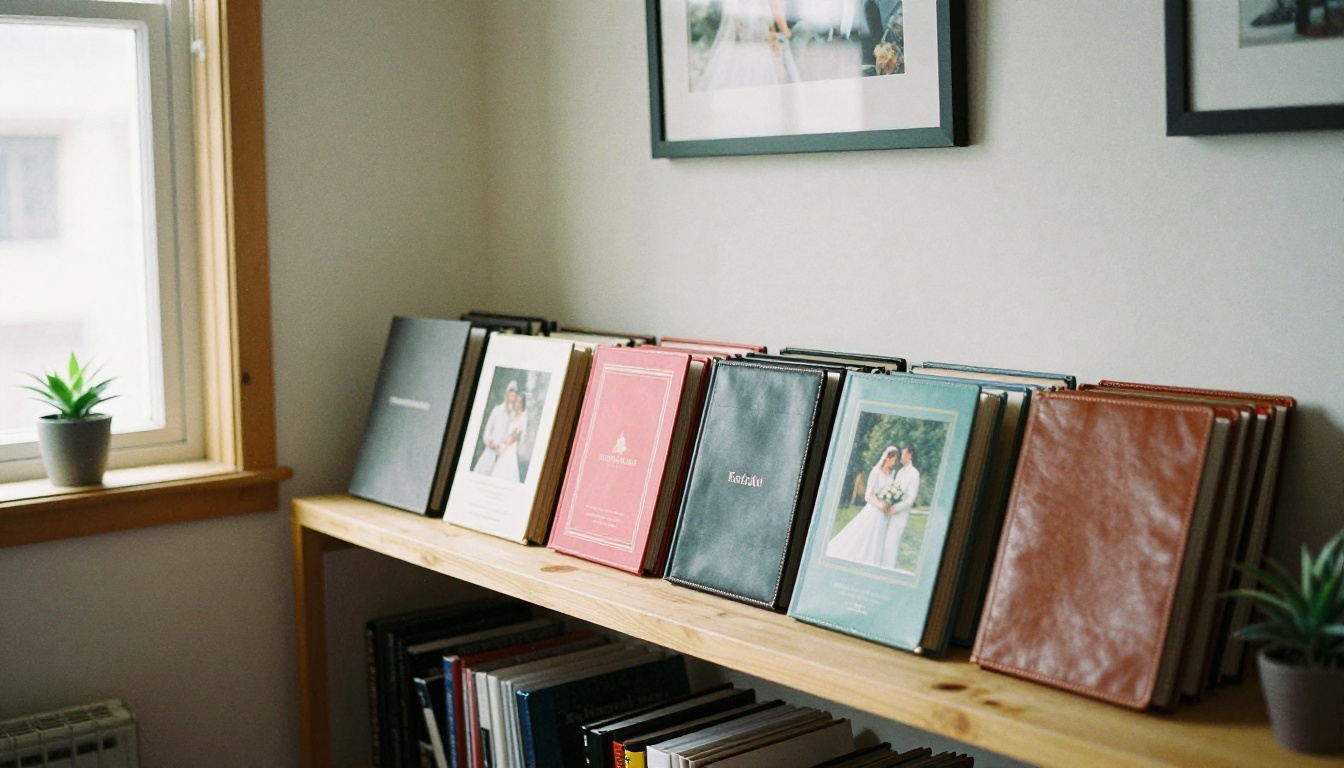 A tidy shelf of wedding albums in different colors in a photography studio