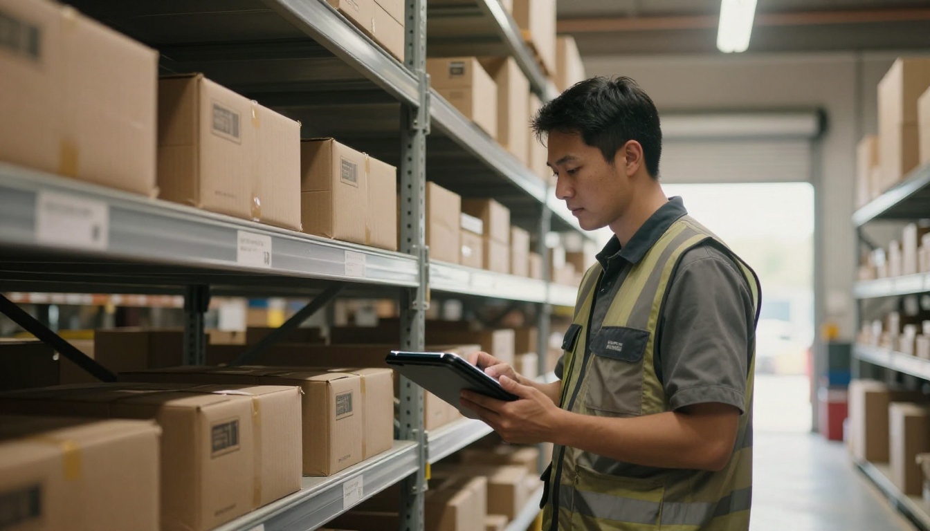 Warehouse manager scanning a shelf label with a tablet Warehouse manager scanning a shelf label with a tablet