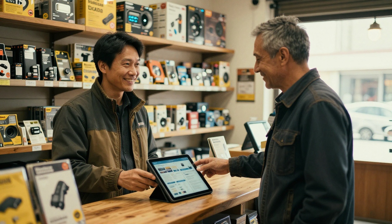 Sales rep presenting a tablet catalog to a dealer Sales rep presenting a tablet catalog to a dealer