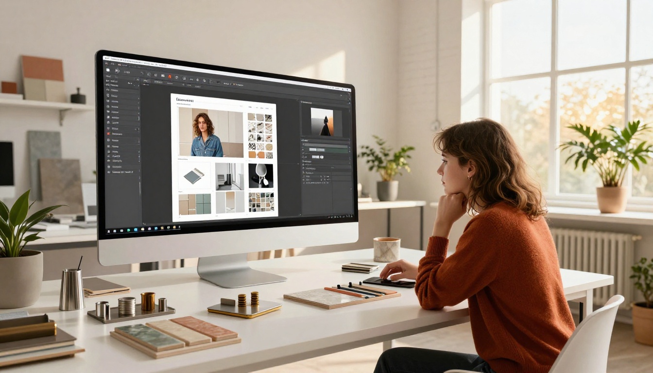 Designer editing a catalog layout on a monitor Designer editing a catalog layout on a monitor