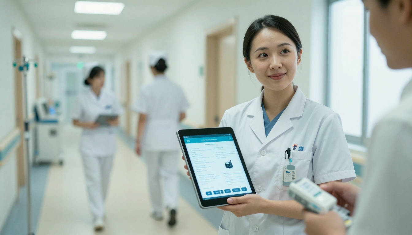 Sales rep holding a tablet with a digital product sheet in a hospital corridor