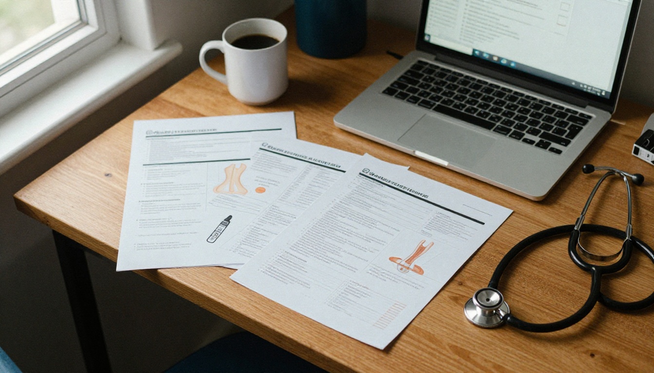 Overhead view of a desk with printed medical device spec sheets and a laptop