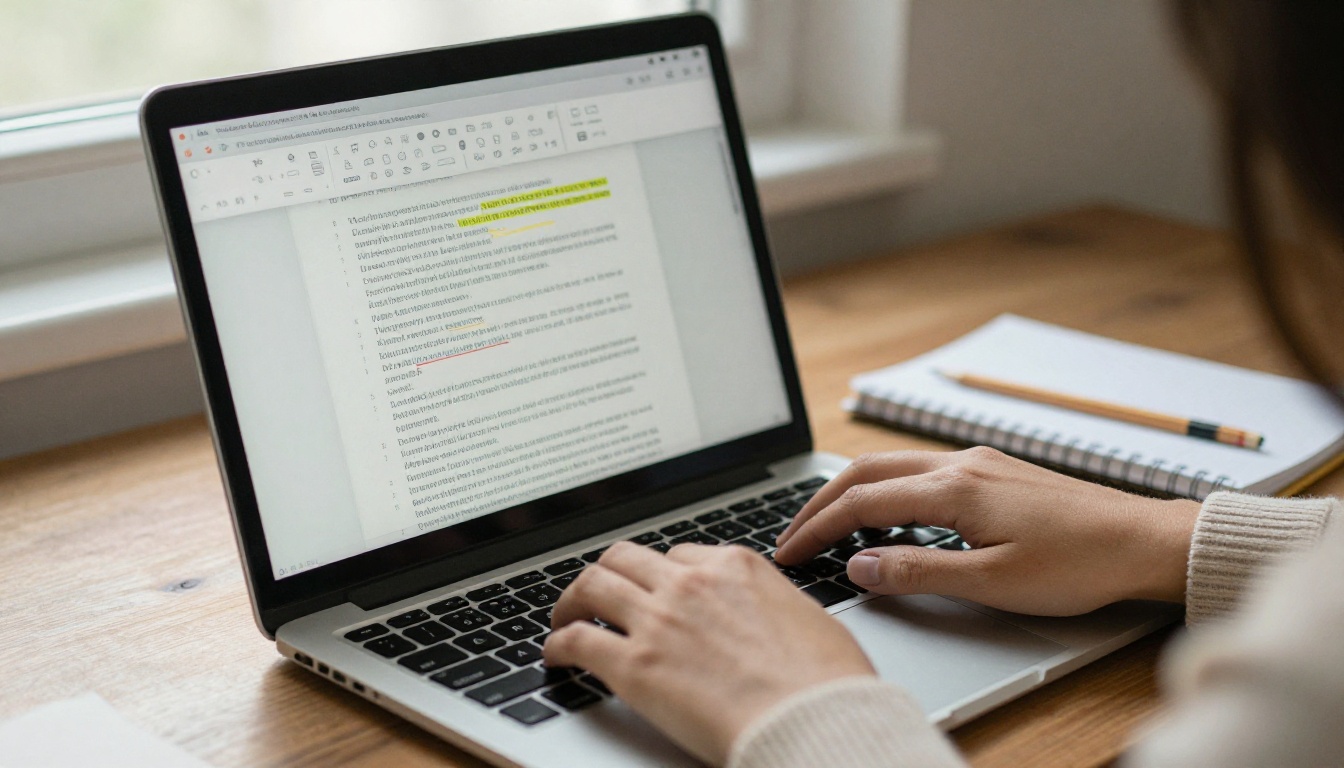 Woman's hands typing on a laptop while editing a PDF