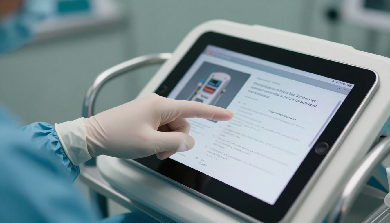 Surgeon's gloved hand pointing at a tablet showing a medical device brochure