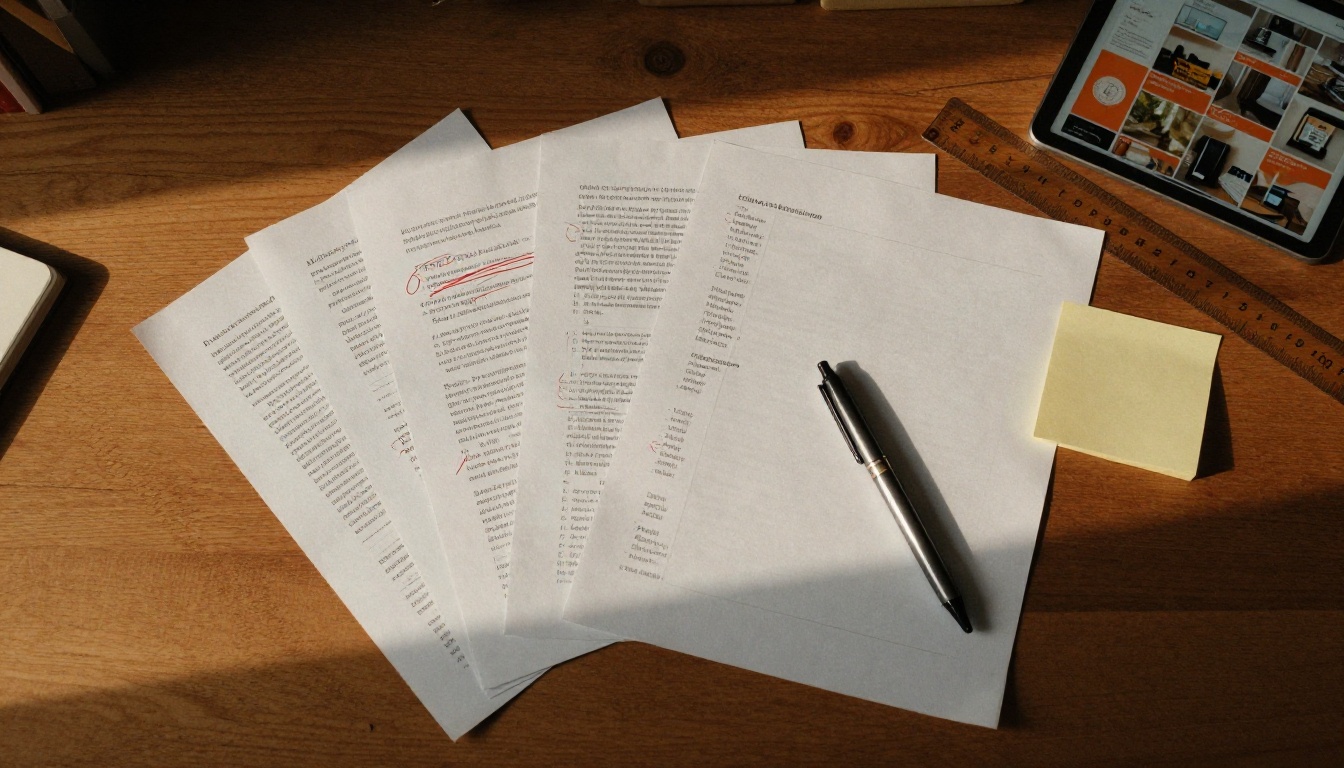 Aerial view of printed pages with red pen marks on a wooden desk