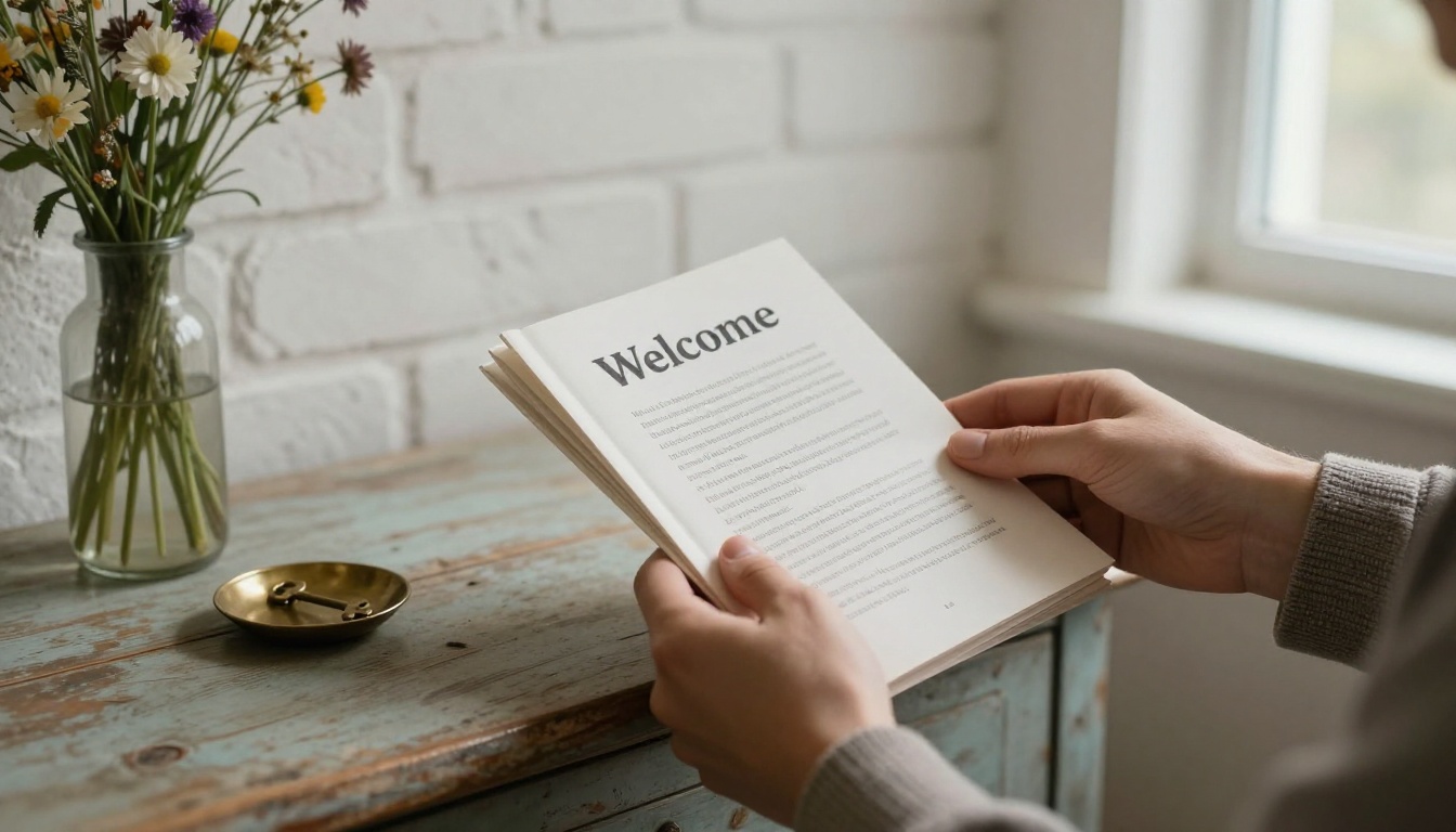 Host hands placing a printed welcome book on an entryway console table