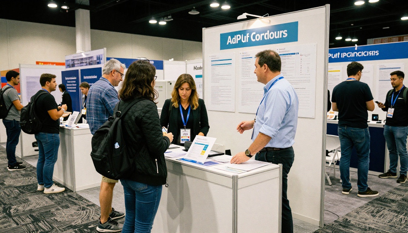 Medical device trade show booth with a sales rep and printed spec sheets