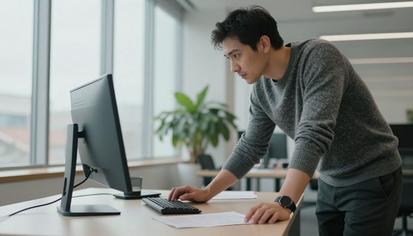 Low-angle view of a man reviewing a document on a large monitor