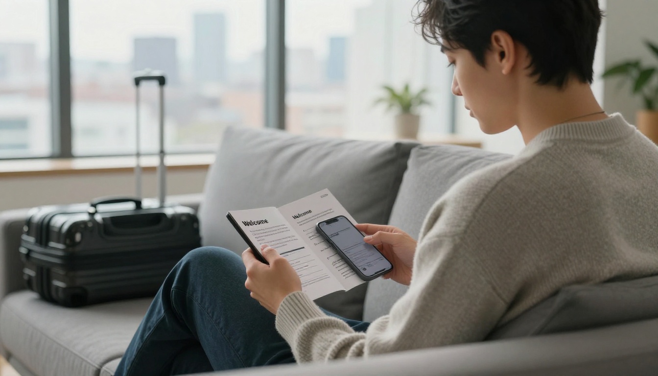 Guest reading a digital welcome book on a smartphone in a bright apartment
