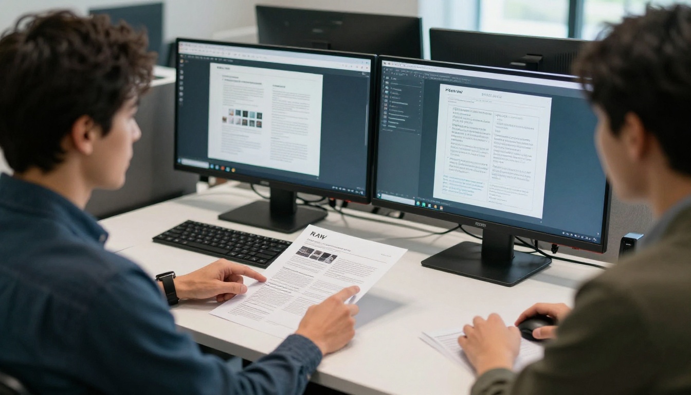Marketing colleagues comparing PDF product sheet layouts on dual monitors