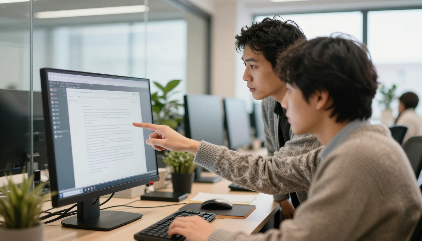 Colleagues reviewing a digital document on a large monitor