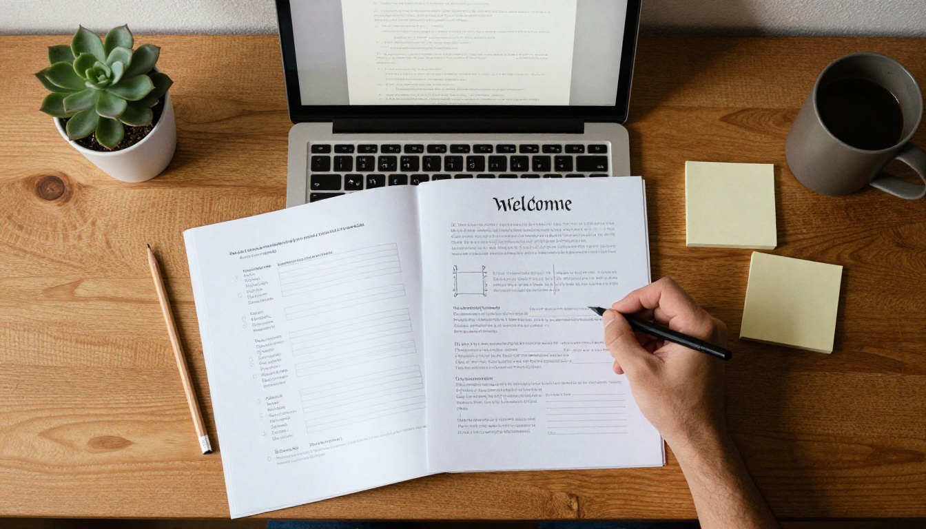 Overhead view of a host desk with laptop, template sheets and coffee