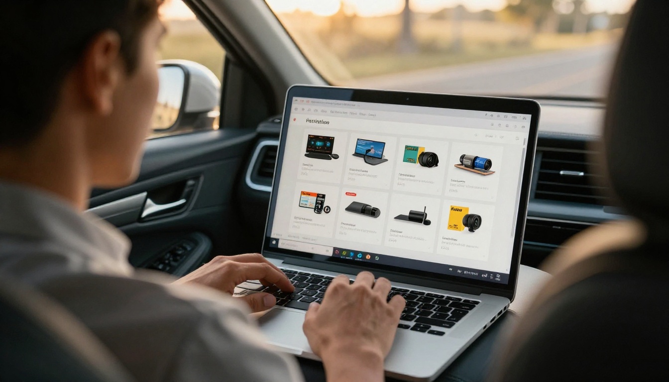 Sales rep typing on a laptop in a parked car showing a digital flipbook