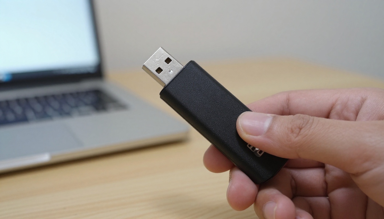Hand holding a small USB flash drive