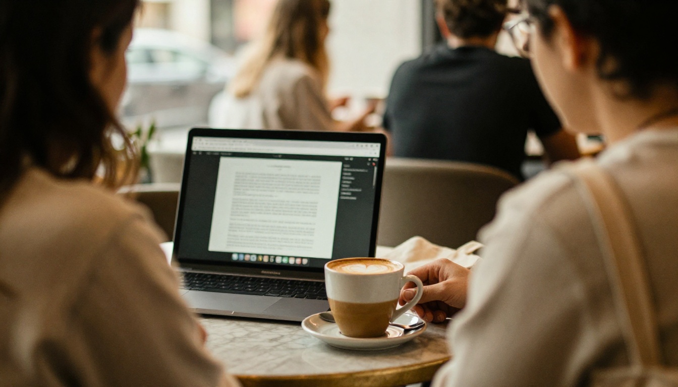Freelancer at a cafe table working on a scanned document