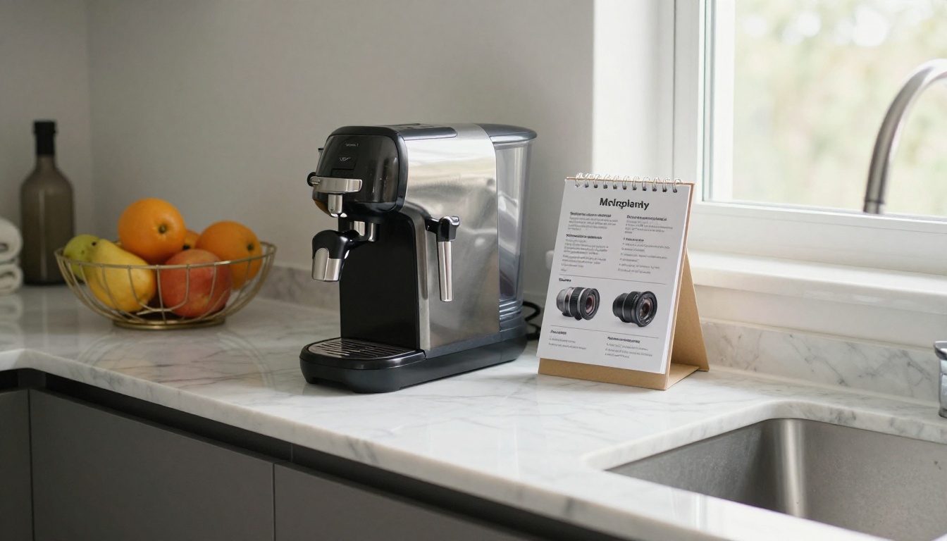 Appliance instruction card beside a coffee machine in a modern kitchen