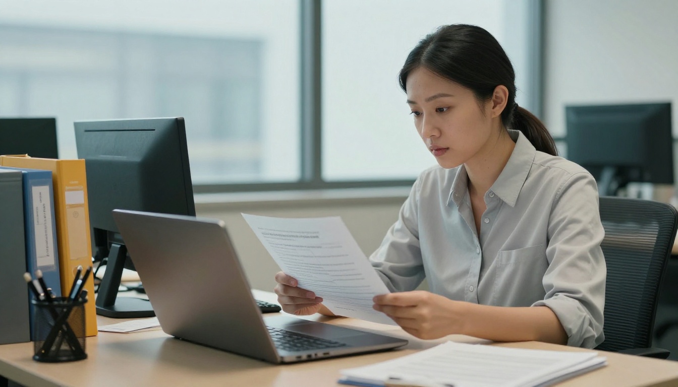 Regulatory affairs specialist reviewing compliance documents at an office desk