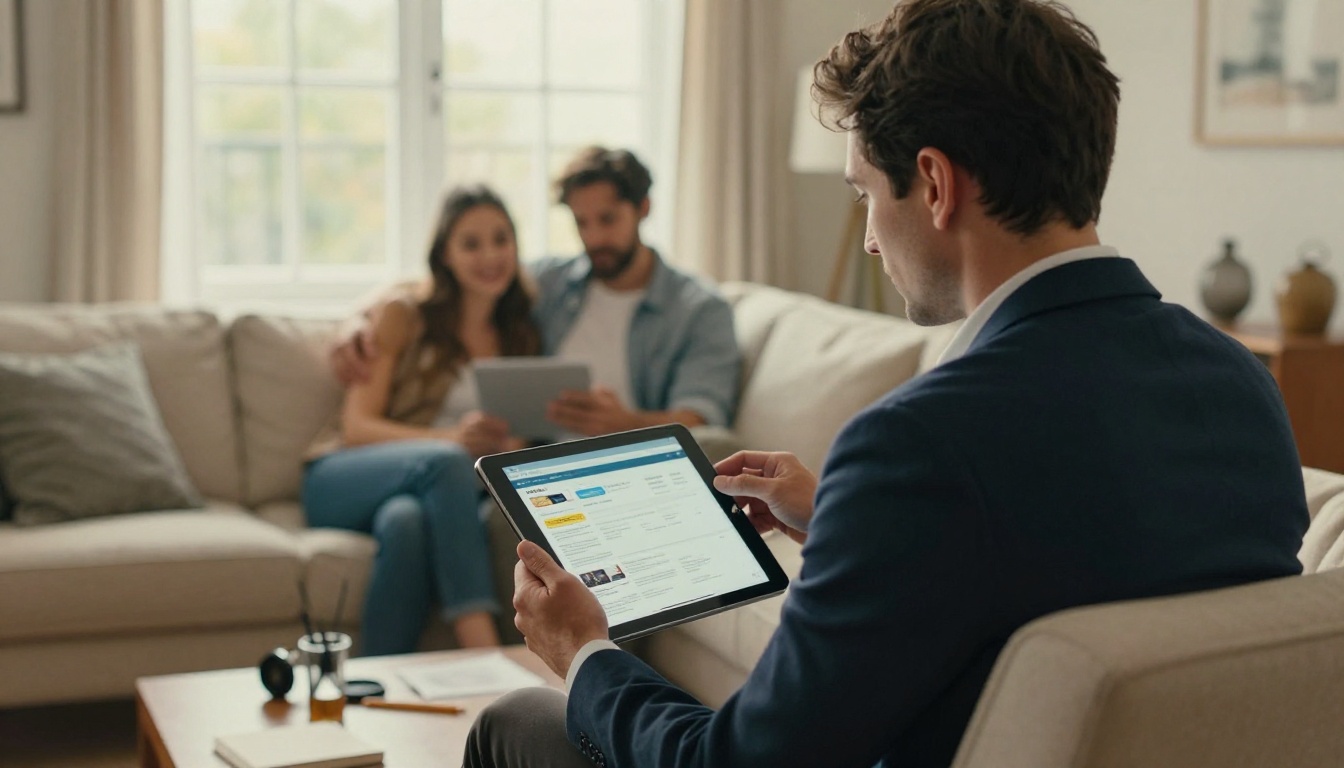 Agent showing a digital brochure on a tablet to a couple