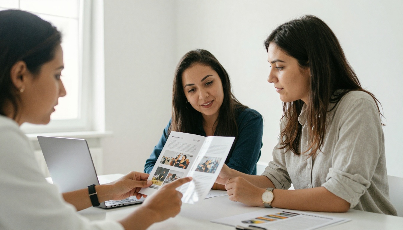 Colleagues comparing a printed brochure with a laptop screen