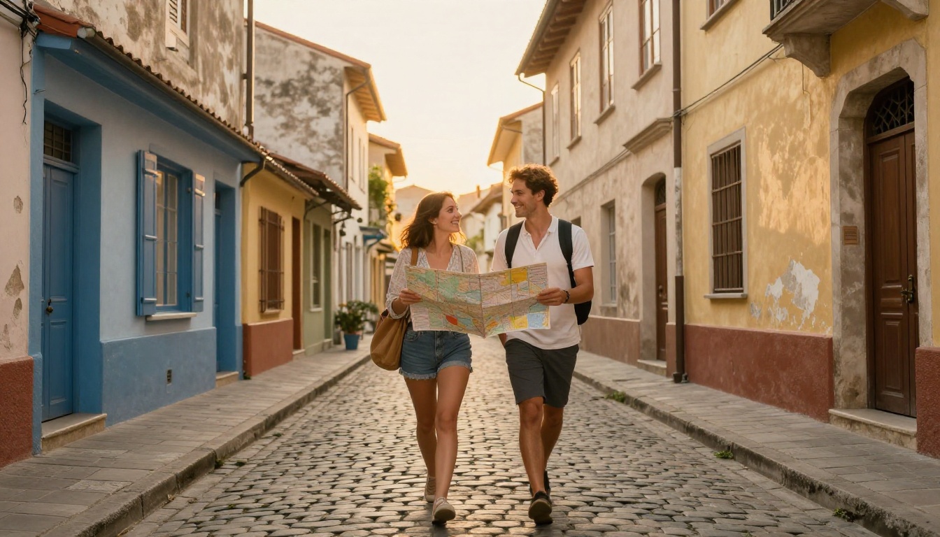 Couple walking through a cobblestone old town street holding a paper map