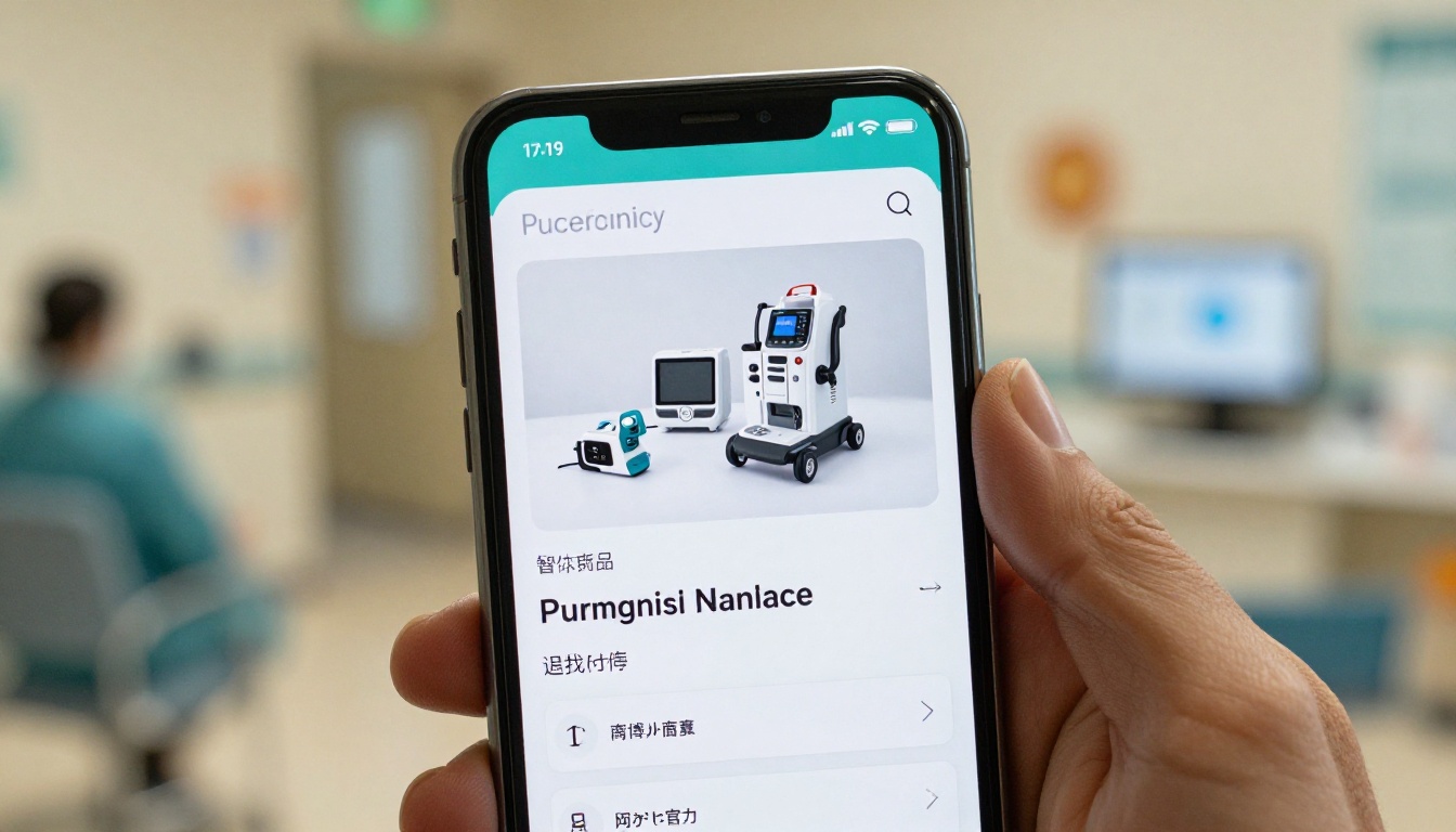 Hand holding a smartphone showing a mobile-responsive medical device catalog
