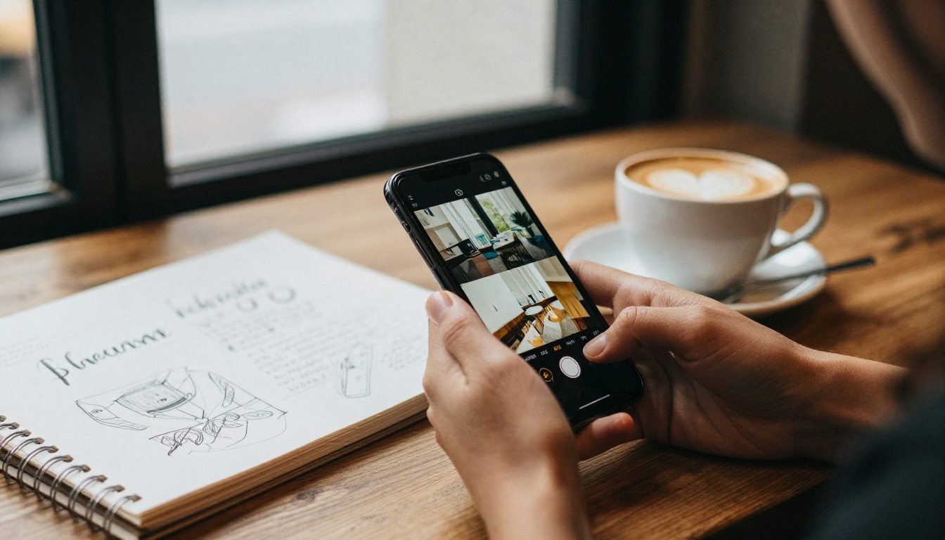 Designer showing a digital portfolio on a smartphone in a cafe