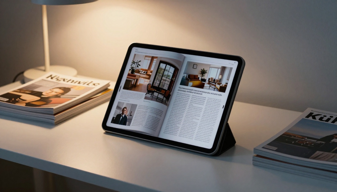 Tablet showing a magazine page on a minimalist desk