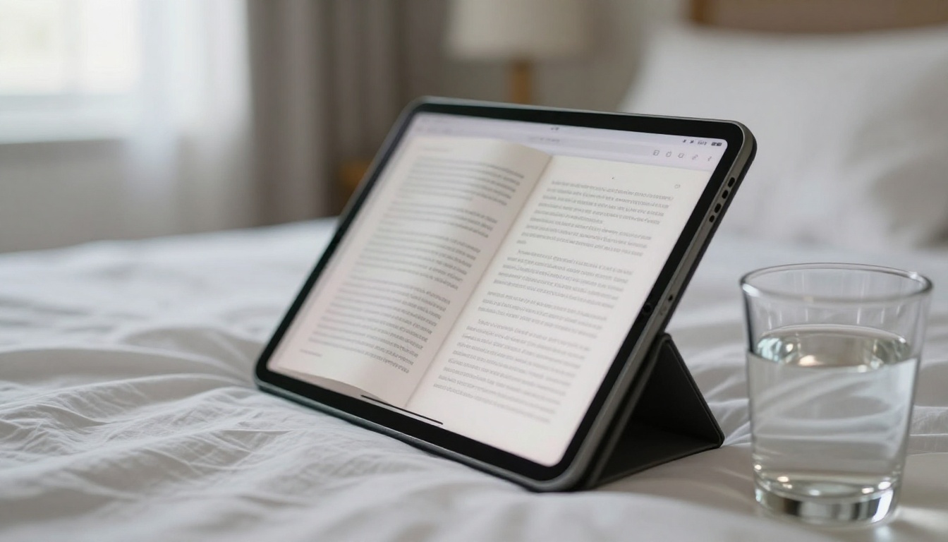 Tablet on a bedside table showing a digital page-turning booklet