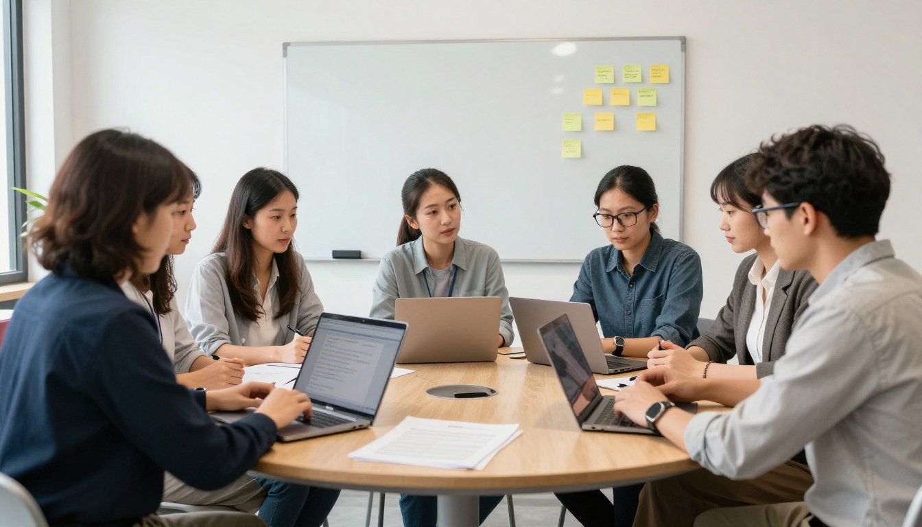 Sales team meeting around a round table with laptops and printed sheets