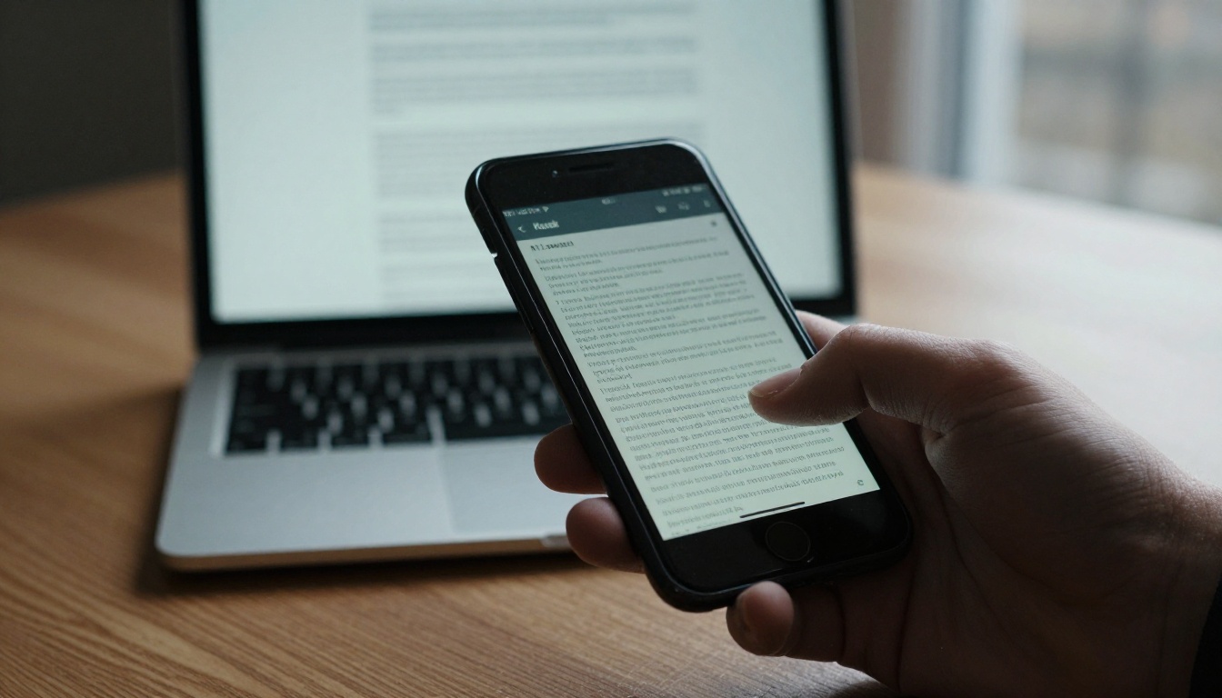 Hand holding a smartphone displaying a document page