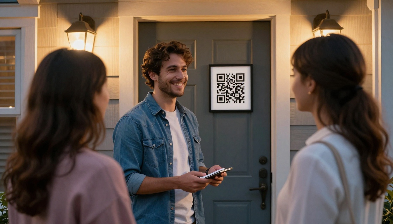 Smiling host greeting guests at the door beside a framed QR code card