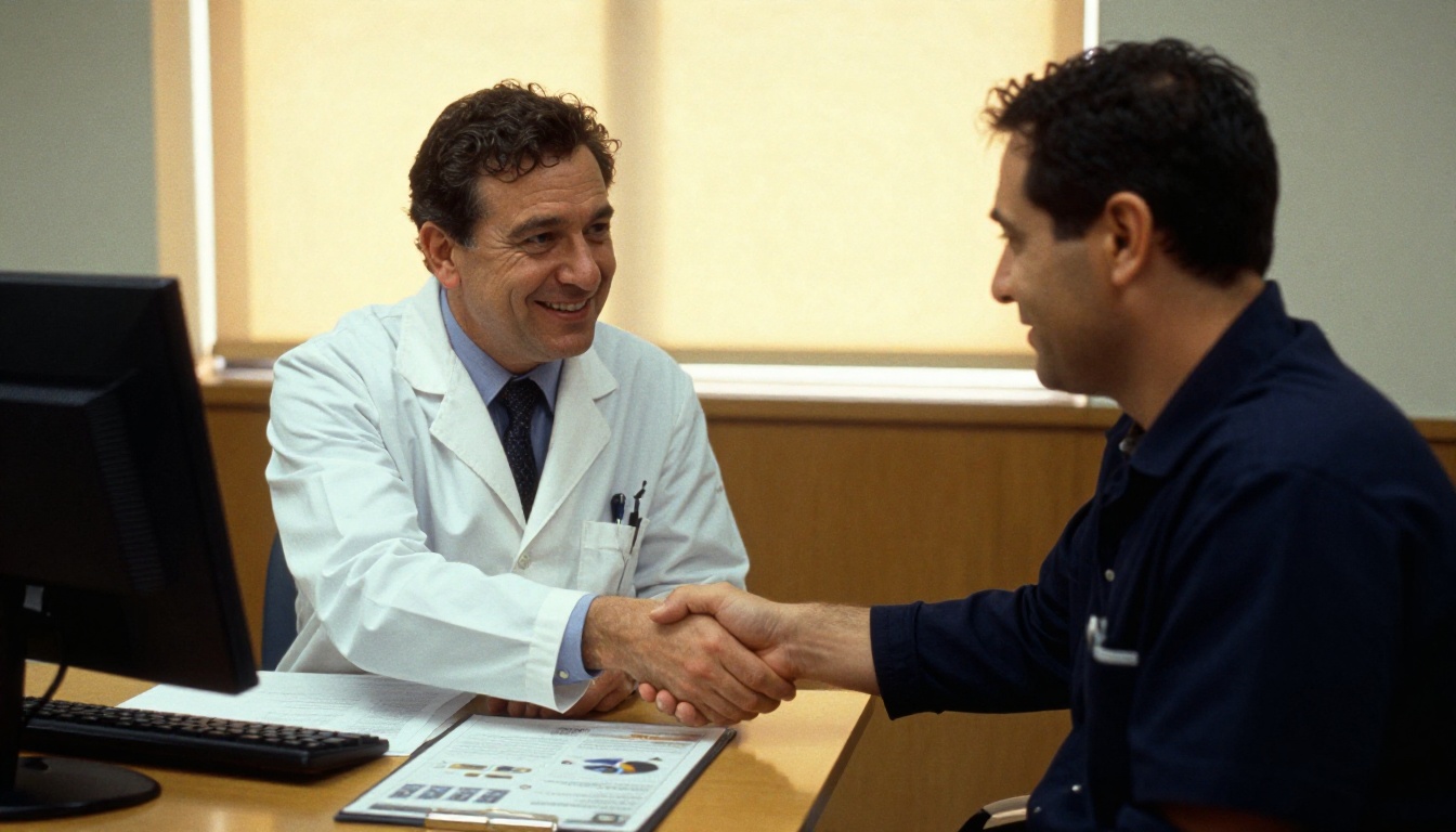 Clinician and sales rep shaking hands in a clinic office with a tablet on the desk