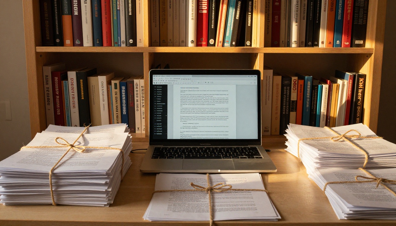 Stacks of finished printed reports tied with twine in a home office