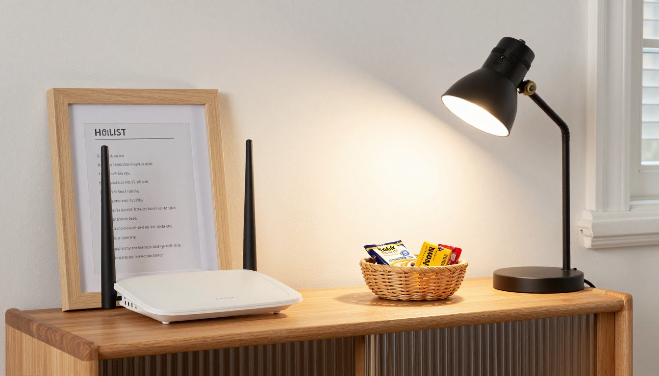 Shelf with Wi-Fi card, house rules frame and basket of local snacks