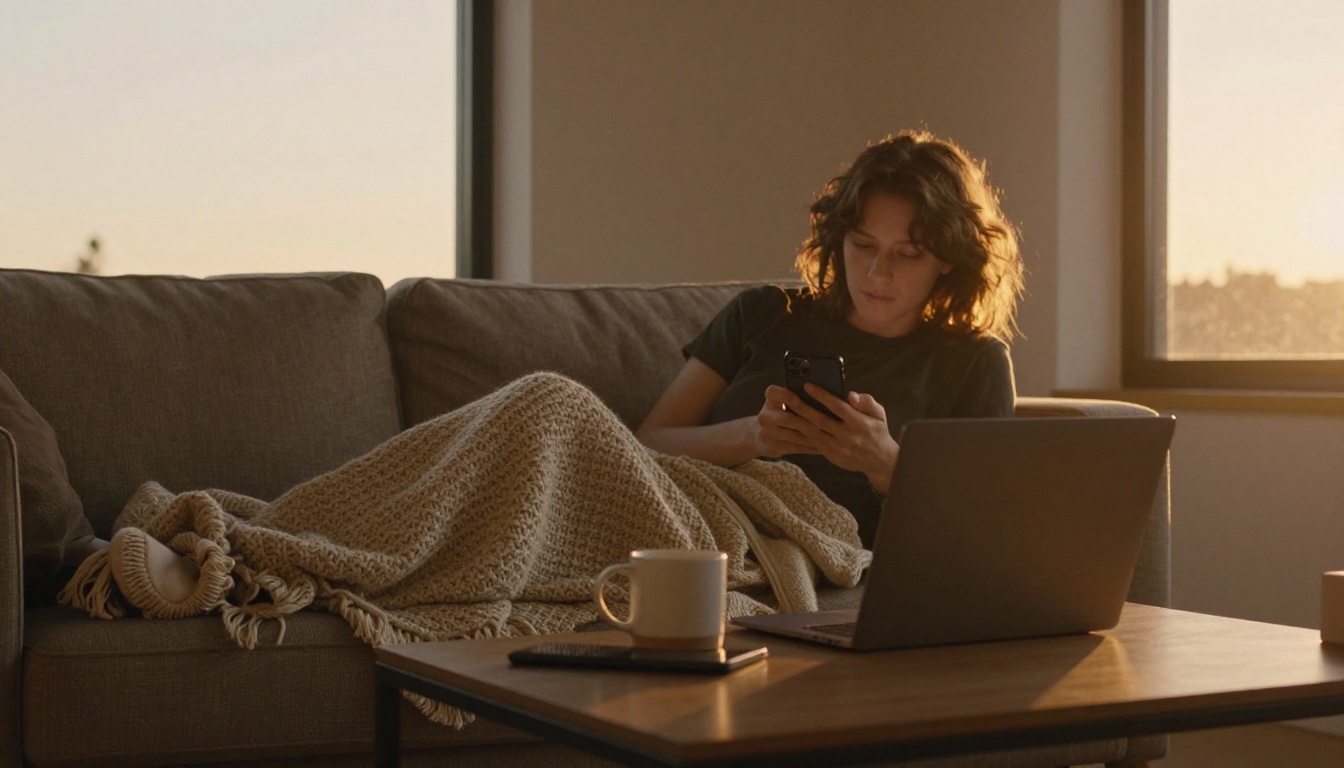 Person relaxing on a sofa after sending a link from a phone
