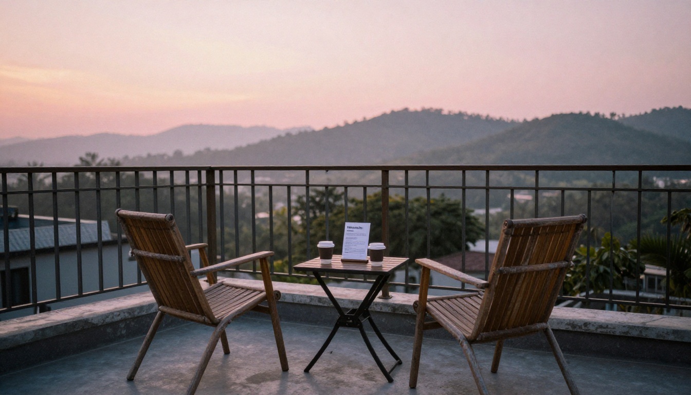 Rooftop terrace at sunrise with a welcome booklet and two coffee cups
