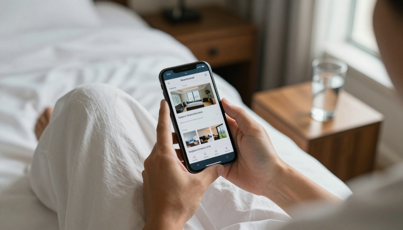 Guest browsing a digital hotel directory on a smartphone in bed Guest browsing a digital hotel directory on a smartphone in bed