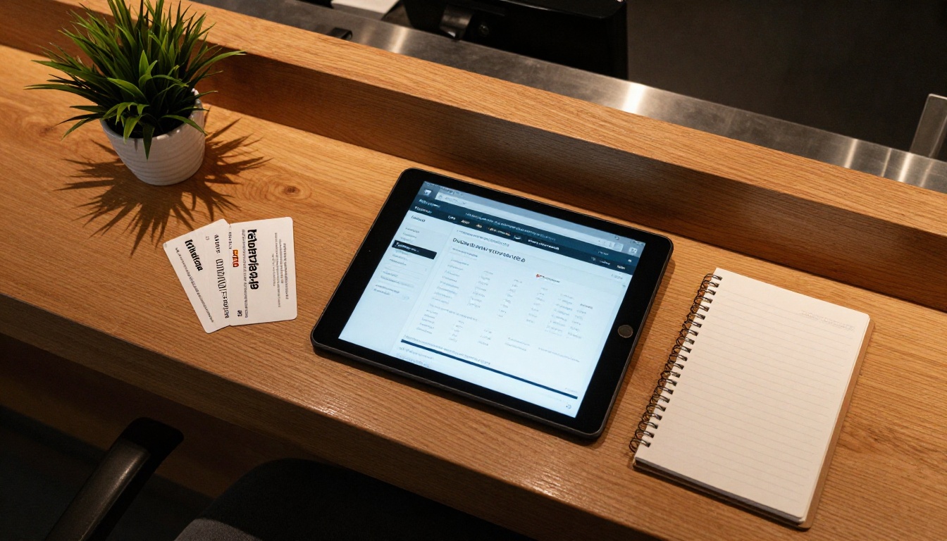 Aerial view of a hotel front desk with a tablet showing a digital brochure Aerial view of a hotel front desk with a tablet showing a digital brochure