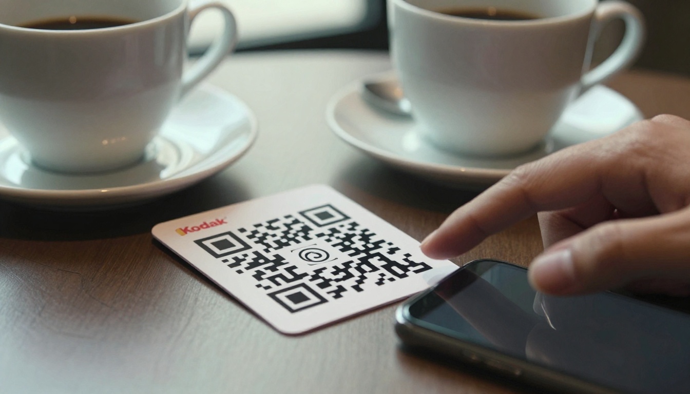 Close-up of a QR code card on a hotel room desk beside a coffee cup Close-up of a QR code card on a hotel room desk beside a coffee cup