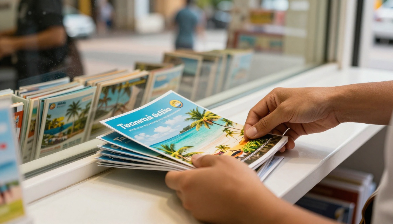 Travel agent arranging printed resort brochures on a counter Travel agent arranging printed resort brochures on a counter