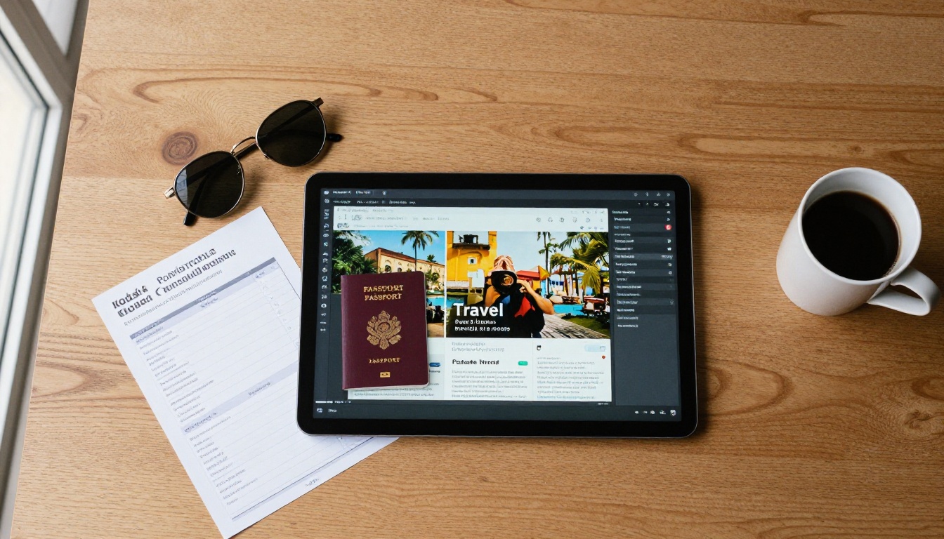 Flat lay of a laptop, passport and brochure pages on a wooden desk Flat lay of a laptop, passport and brochure pages on a wooden desk
