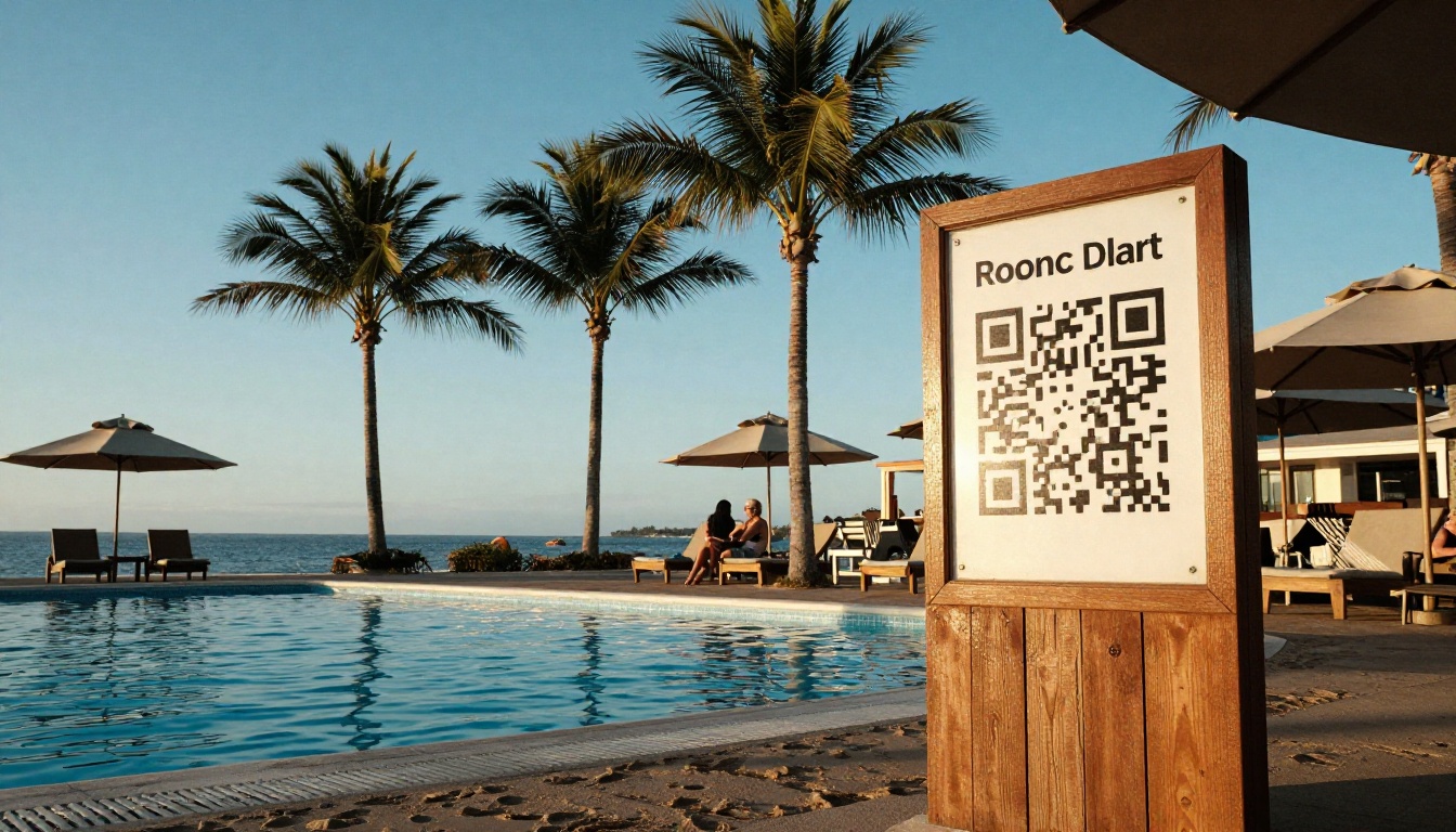 Seaside resort guests scanning a QR sign beside the pool Seaside resort guests scanning a QR sign beside the pool