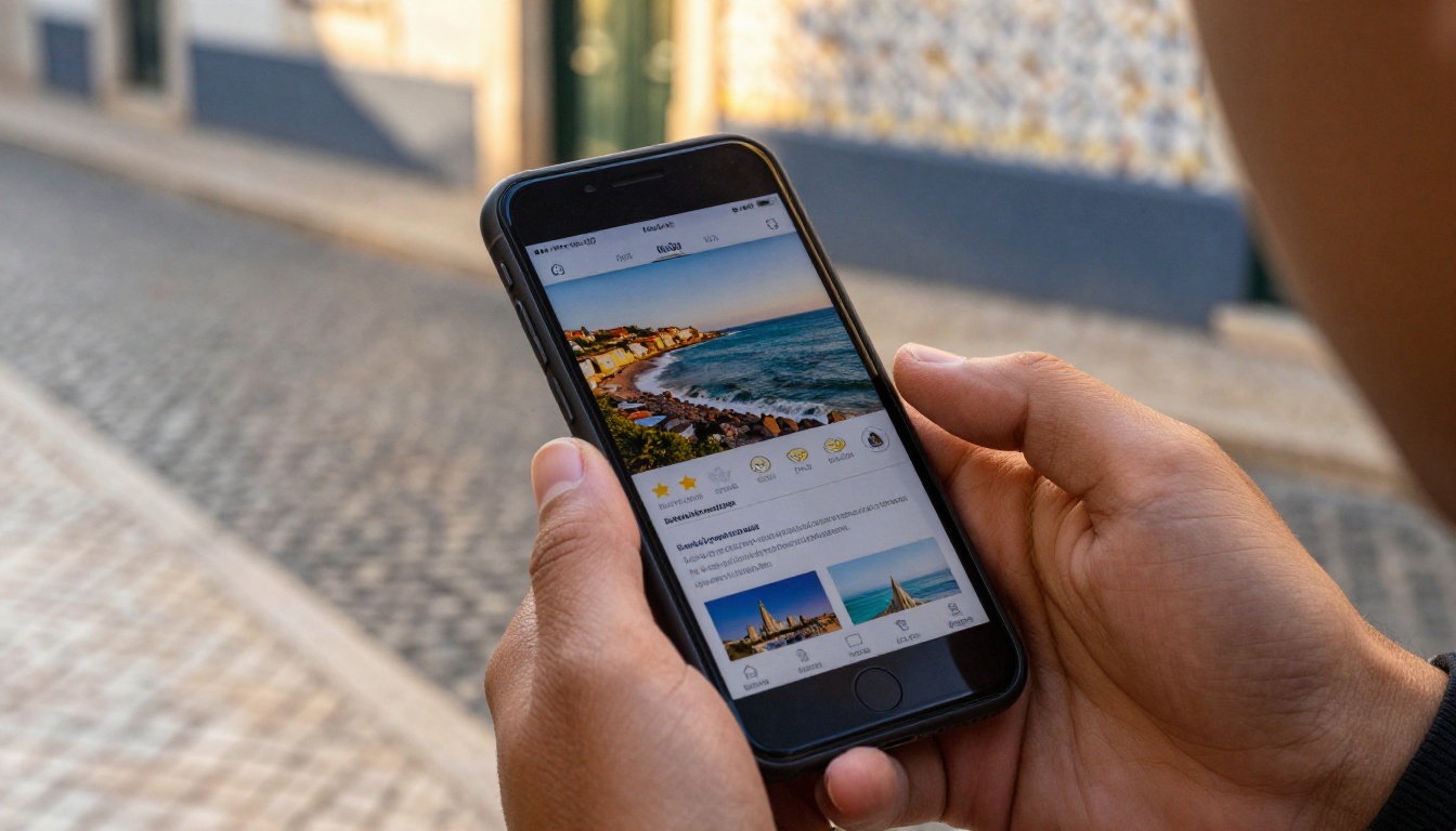 Young traveler viewing a digital page-turning brochure on a smartphone Young traveler viewing a digital page-turning brochure on a smartphone