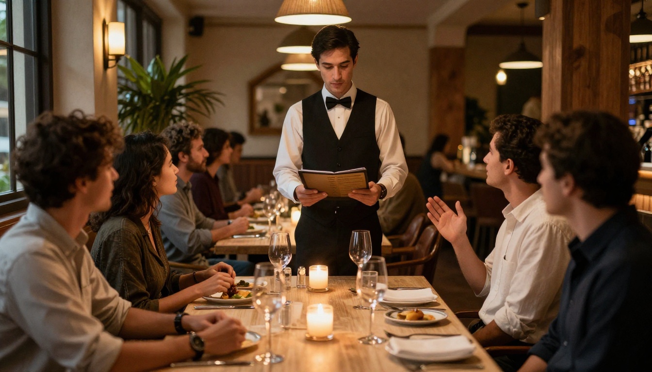 Waiter presenting a tablet menu to diners in a hotel restaurant Waiter presenting a tablet menu to diners in a hotel restaurant