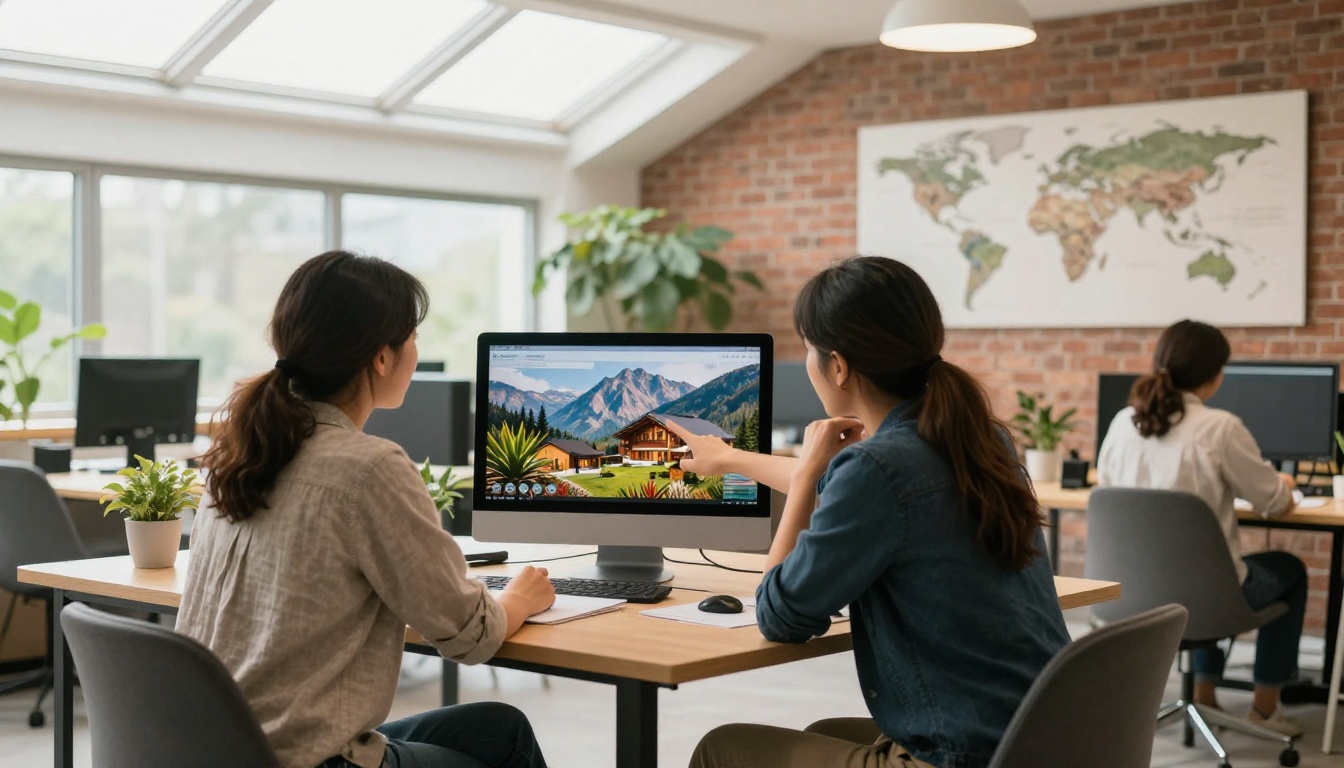 Team of two colleagues designing a travel brochure at a standing table Team of two colleagues designing a travel brochure at a standing table