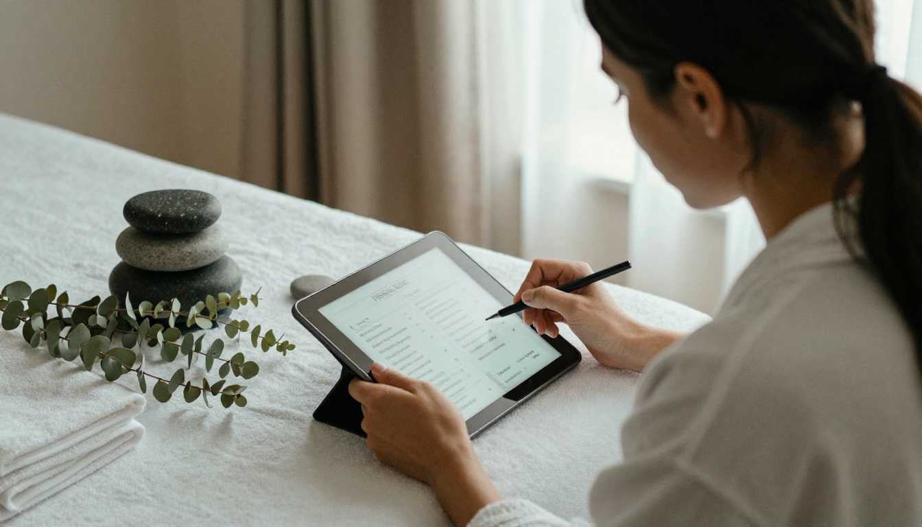 Spa reception with a woman in a robe reading a treatment menu on a tablet Spa reception with a woman in a robe reading a treatment menu on a tablet