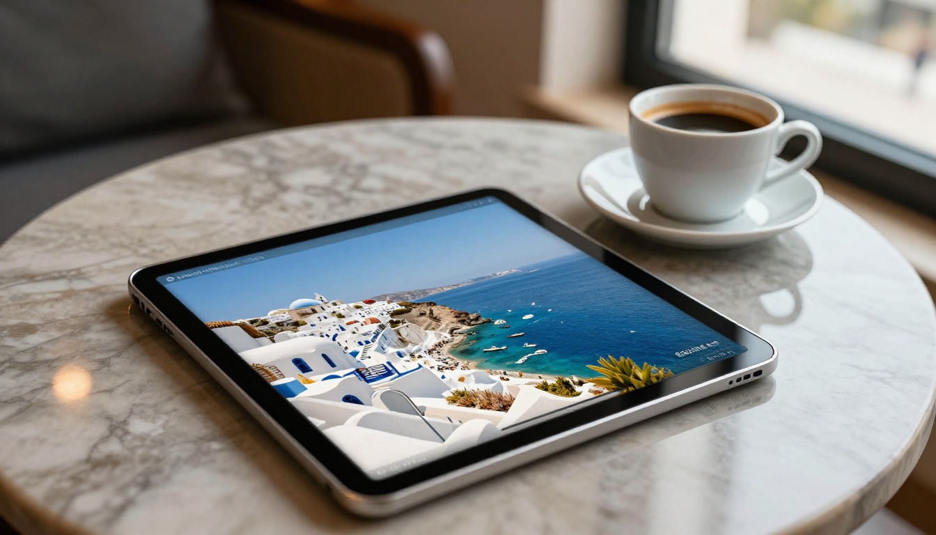 Tablet showing an interactive flipbook of a Greek island tour Tablet showing an interactive flipbook of a Greek island tour